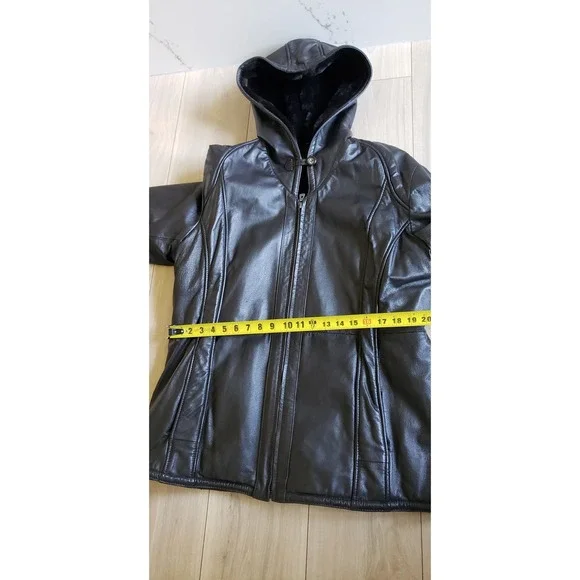 Wilsons Leather Jacket Womens XL Black Faux Fur Lined Hooded Coat Y2K Goth Moto - Picture 8 of 11